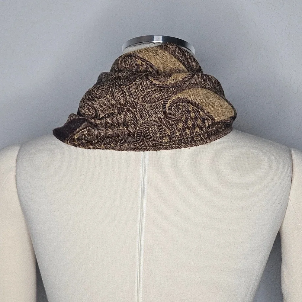 Pashmina Silk Blend Paisley Scarf Shawl Brown Gold Fringed Boho Wrap